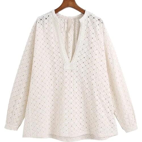 2021 New Women Fashion Hollow Out Embroidery Oversized Blouses Vintage Long Sleeve Asymmetric Female Shirts Chic Tops