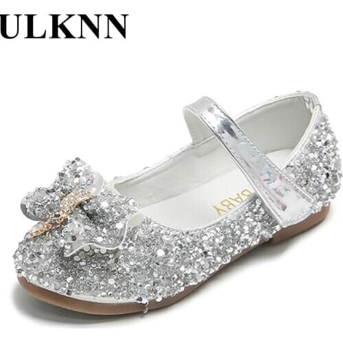 ULKNN Girls princess shoes sequins bow soft sole small leather shoes little girls spring and autumn single dancing shoes pink