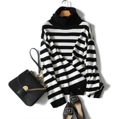 Shuchan Winter 100%cashmere Sweater Women Long Sleeve Knitted Pullover Turtleneck Striped Sweaters Women Tops Femme Korean Style