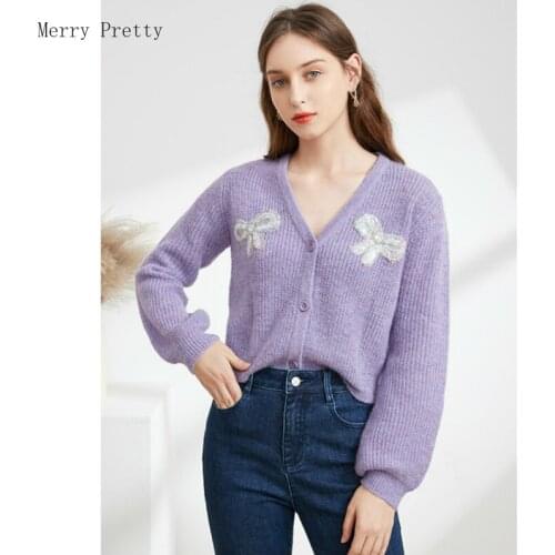 Purple Bow Appliques Chic Single Breasted Knit Casual Women Cardigans 2021 Spring Long Sleeve V-neck Sweaters Female Jumpers Top