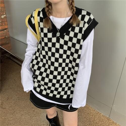 Harajuku Black and White Plaid Tank Tops Knitted Sweater 2020 Spring Autumn Women Sleeveless V-Neck Knitted Vest Pullover