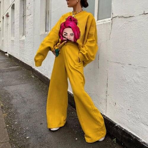 Yellow Beauty Print Casual Vintage Sweatshirt 2-piece Suit Long Sleeve Trousers Loose Ladies Sportswear Streetwear Autumn 2021