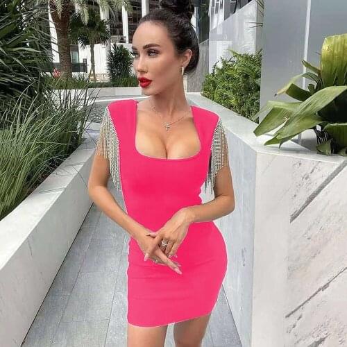 Ailigou New 2021 Summer Ladies Sexy Square Neck Tassel Diamond Mini Bodycon Bandage Dress Elegant Celebrity Club Banquet Dress