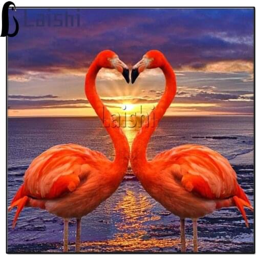 5d Diy Diamond Painting Flamingo Lover gift Diamond Embroidery Sea Sunset Scenery Full Round Diamond Mosaic Couple Love Gift