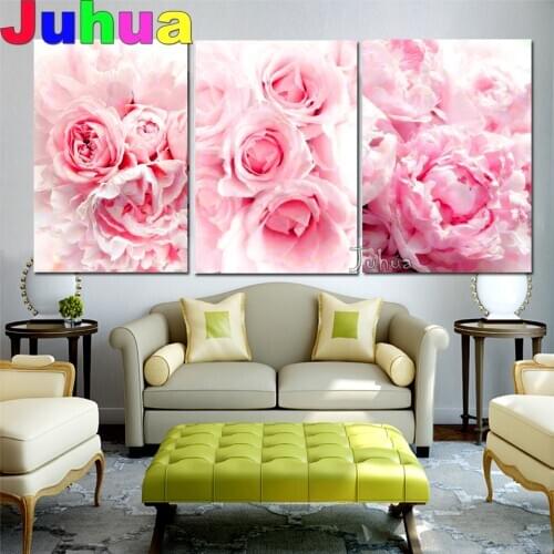 Diamond Painting Romantic Pink Rose Flower Full Square/Round Diamond embroidery Cross stitch Diamond mosaic Triptych Art Gift