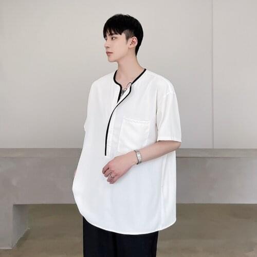 Large summer cool wind black and white contrast hemmed loose temperament short sleeve shirt trendy mens Korean pullover shirt