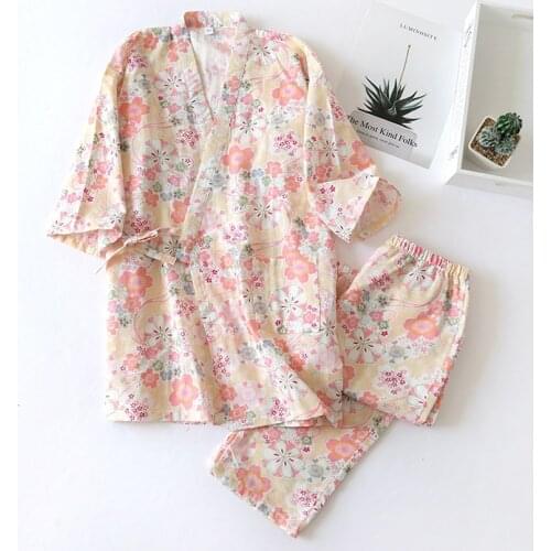 Japanese Summer Robe Cozy Kimono Bathrobes Women Fresh Kimono Pajams Female Cotton Sweet Cartoon 3/4 Sleeve Home Service Suit