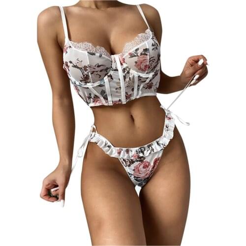 Rose Print Lace Female Underwear Set Push Up Sexy Exotic Fashion Femme Underwear Sleepwear Elegant Comfortable Woman Lencería