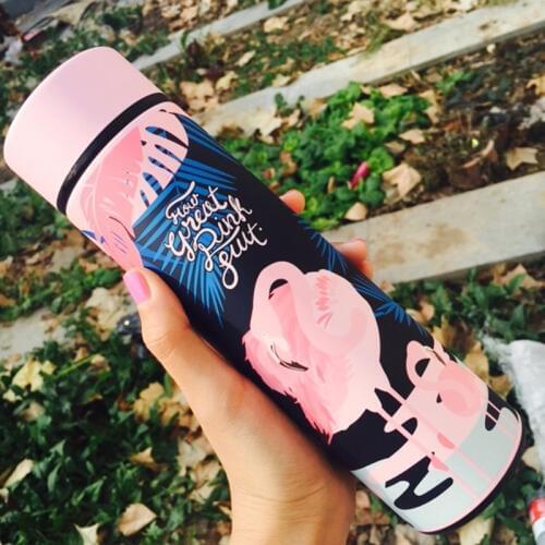 Cute Flamingo Printed Thermos 450ml Stainless Steel Top Quality Drinking Vacuum Flasks Tea Coffee Water Bottle Xmas Gifts