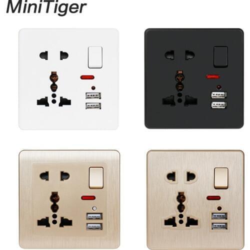 Minitiger 13A Universal 5 Hole Switched Outlet 2.1A White/Black/Gold Wall Power Socket Dual USB Charger Port LED indicator