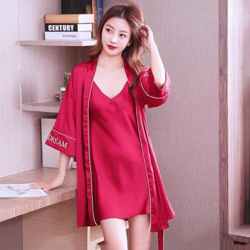 Casual Letter Kimono Robe Gown Suit Women Faux Silk Sleepwear Loose Bathrobe Sexy V-Neck Short Nightgown Summer Autumn Nightwear