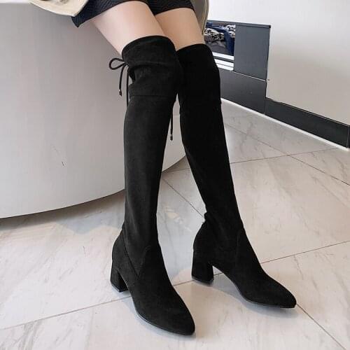 Autumn winter sexy womens shoes black stretch over-the-knee boots fashion square high heel lace-up womens boots