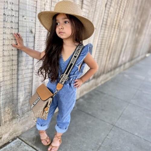 18 Months To 6 Years Kids Summer Siamese Trousers Denim Solid Color Ruffled V-Neck Sleeveless Backless Jumpsuit For Girls Blue