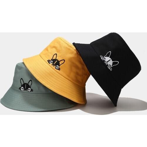 Doleft Women Bulldog Embroidery Bucket Hats Men Solid Summer Fishing Sun Fisherman Hat Bob Panama Unisex Street Hip Hop Cap