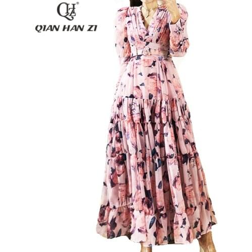 Qian Han Zi Spring/Summer runway elegant dress Women V-neck Long Sleeve Belt Slim vintage Folds Print Beach Holiday Long dress