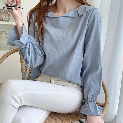 Bow Cuffs Long Flare Sleeve Solid Blue 2021 Autumn Blouse Women Turn-down Collar Pullover Side Split Shirt Blusas Mujer 11247