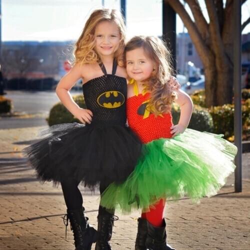 Girls Robin Superhero Party Mesh Dress Kids Halloween Cosplay Costume Role Play Dress Up Outfit Child Pretend Game Birthday Suit