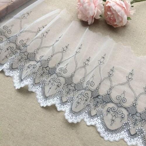 Wide 19CM high quality mesh black line hook flower unilateral embroidery lace fabric dress wedding dress lace