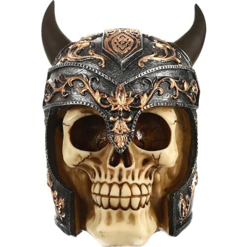 Skull Statues Sculptures Skull With Horned Helmet Resin Figurine Halloween Home Decor Decorative Craft Skull High Quality