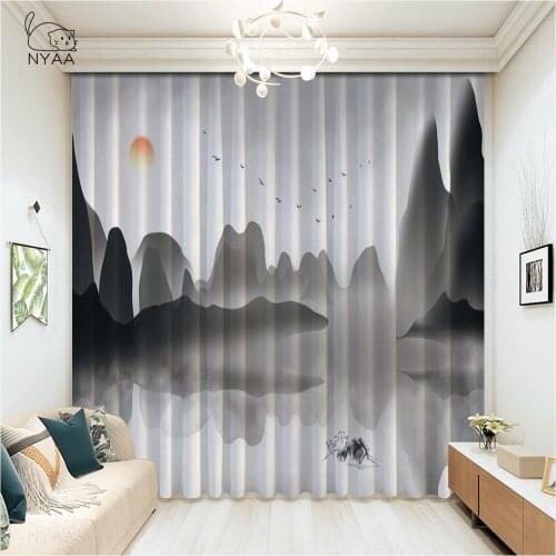 Japan Traditional Sumi-E Painting Curtain Children Printed Beautiful Curtains Geometric Window Curtains Bedroom Micro Shading