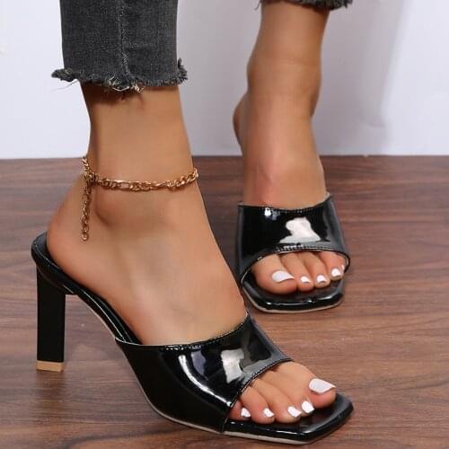 BIGTREE New Korea Concise Thick Heel Womens Slippers Summer Open Toe Outdoor Slippers PU Leather Fashion High Heels Shoes Women