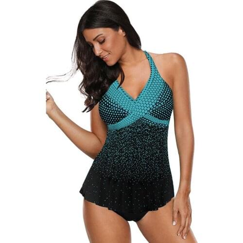 Gradient Womens Swimming Suit Womens Fashion Prints Sexy Hanging Neck High Waist Bikini Swimsuit Swimwear Women Tankini