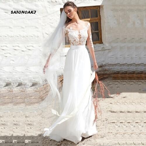 2020 Beach Wedding Dress for Women Long Sleeve Chiffon Bridal Gown Sheer Neck Lace Appliques Sexy Vestido De Noiva Robe Mariage