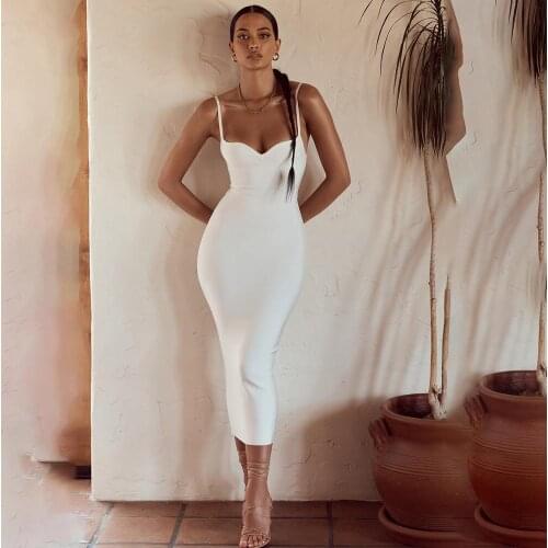 Celebrity Bandage Dress Sexy V Neck Spaghetti Straps Backless White Bodycon Knee Length Dress Elegant Femal Evening Party Dress