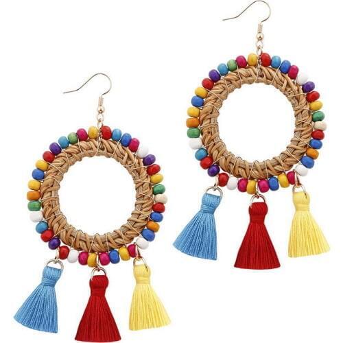 ZWPON 2019 Wire Seed Beads Surround Circle Rattan Triple Tassel Earrings for Women Trendy Boho Earrings Jewelry Wholesale