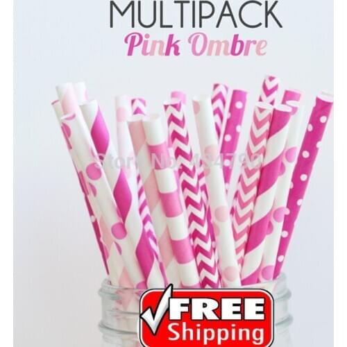 250pcs Mixed 5 Designs PINK OMBRE Paper Straws in Bulk, Hot, Deep Pink, Chevron, Striped, Swiss Dot, Sailor Stripe, Polka Dot