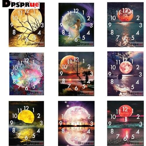 5D DIY Diamond Painting-Moon-With Clock Full Square Diamond Embroidery Landscape Cross Stitch Mosaic Sale wall Home Decoration