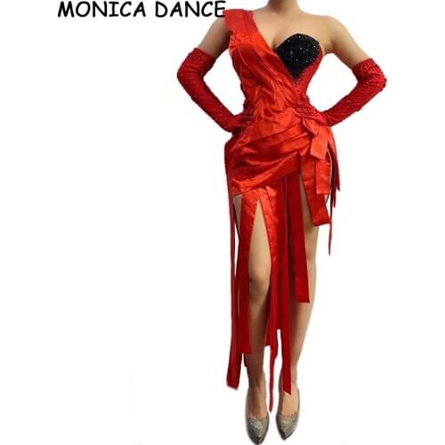 Women Sexy Black Rhinestone Red Fringe Bodysuit Stone Gloves One Shoulder Female Dancer Outfit Prom Party Birthday Dance Wear