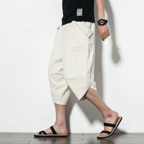 Men Vintage Drawstring Wide Leg Calf-Length Cotton Linen Lantern Pants Loose Casual Pants For Men Outdoor Joggers Trousers