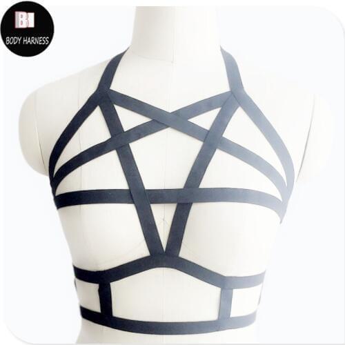 Black body harness sexy lingerie spandex harajuku pastel gothic pentagram cage bra bondage harness Star harness bra