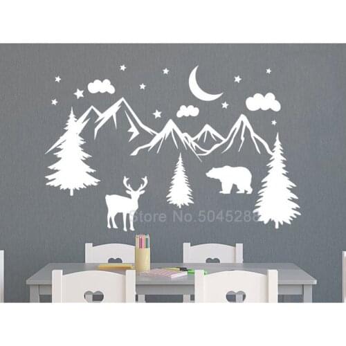 Mountain Wall Decal Nursery Mountains Wall Art Bedroom Decal for Kid Room Decor Bear and Deer Sticker Landspace Pine Trees Z404
