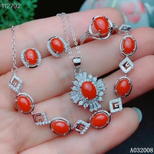 KJJEAXCMY fine jewelry 925 sterling silver natural red coral earrings ring pendant bracelet luxury ladies suit support test