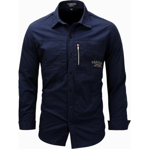 Long Sleeve Turn Down Collar Zipper Shirt Mens Cotton Military Outdoor Casual Embroidered Shirt Fitted Cardigan