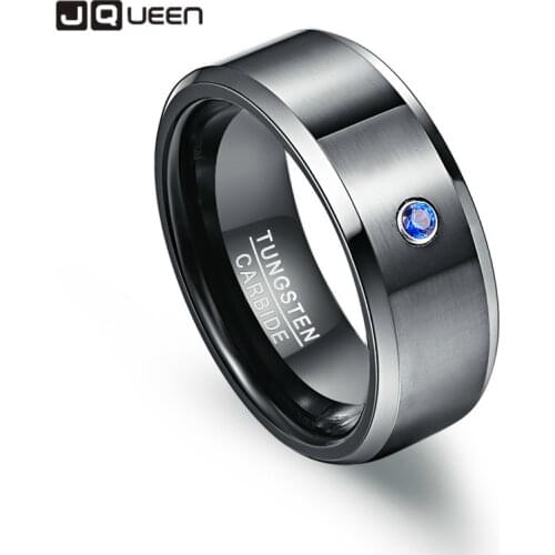 Mens 8mm Tungsten Carbide Rings Black Brushed Blue Cubic Zirconia Tungsten Wedding Band Rings Polished Beveled Size 7-12