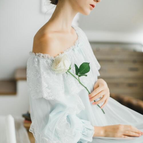 New Women Sexy Gauze Lace Cotton Princess Nightgown Ladies Vintage Sleepwear Women Nightwear European Retro Style Dress QW1713