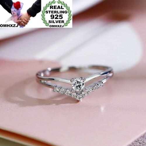 OMHXZJ Wholesale European Fashion Woman Girl Party Wedding Gift Slim V Shape White AAA Zircon S925 Sterling Silver Ring RR652