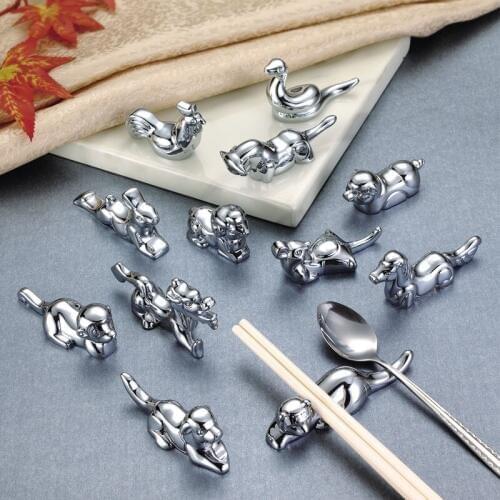 Tableware Decoration Zinc Alloy Chinese Animal Zodiac Chopstick Spoon Fork Knife Holder Stand Rack Food Sticks Rest 12pcs/set