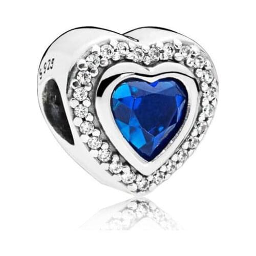 Genuine 925 Sterling Silver Charm Sparkling Two Gorgeous Love Heart With Blue Crystal Bead Fit Pan Bracelet Diy Jewelry