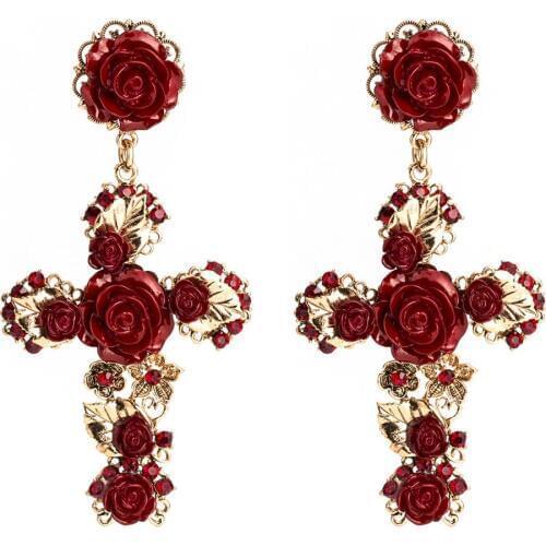 SHIFEEL 2019 New Euramerican Pop Baroque Style Brand Jewelry Rose Flower Filigree Cross Earrings Gold Tone Enameled Pendientes