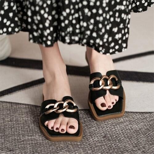 Metal Chain Slippers Women Shoes Flat Sandals 1.5cm Heel Black Shoes Female High Quality Slides Mules Outdoor Beach Footwear