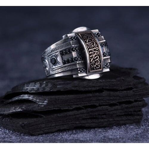 Dark Zircon 925 Sterling Silver Arabic Engraved Traditional Handmade Turkish Signet Ring Jewelry Gift for Women Men