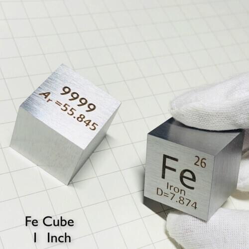 Iron metal in the periodic table- Cube Side length is one inch (25.4mm) and weight is about 131g 99.99