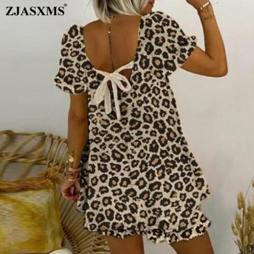 Spring Backless Tie-up Bow Leopard Print Suit Women Sexy Short Sleeve Shirt Top and Flare Shorts Sets Summer Ruffle 2pcs Outfits