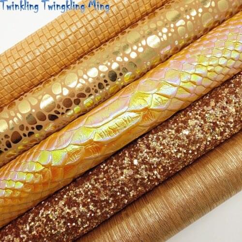 Gold Chunky Glitter Leather, Metallic Synthetic Leather, Snake Faux Leather Sheets For Bow A4 21x29CM Twinkling Ming KM078
