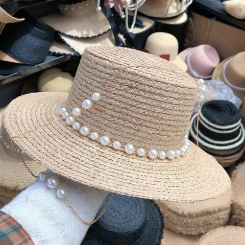 2021French Elegant Pearl Chain Wide Brim Raffia Flat Top Straw Hats For Women Handmade Lady Summer Beach Caps Luxury Sun Visor
