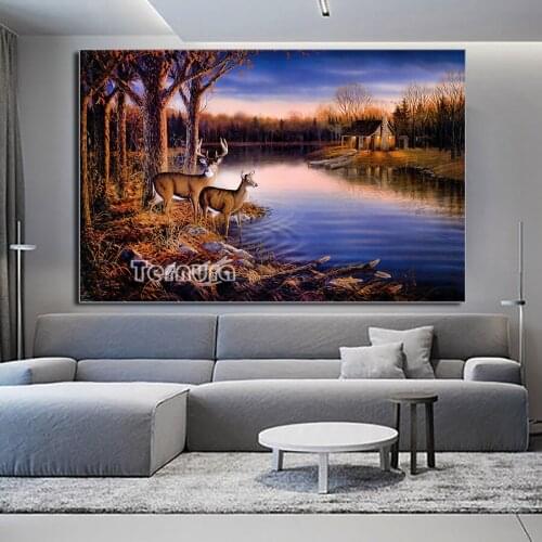 DIY Diamond Painting night Full round Drill Lakeside chalet Diamond Embroidery Cross Stitch Sale deer Handmade animal Home Decor